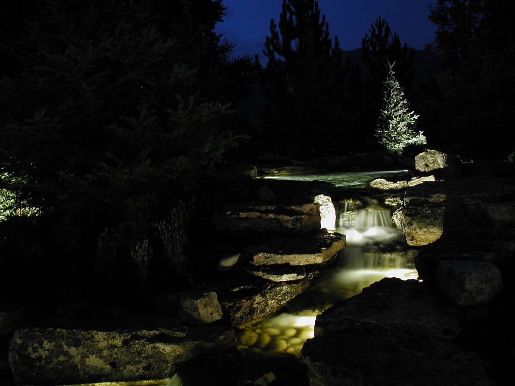Baylites - outdoor landscape lighting - pond and waterfall